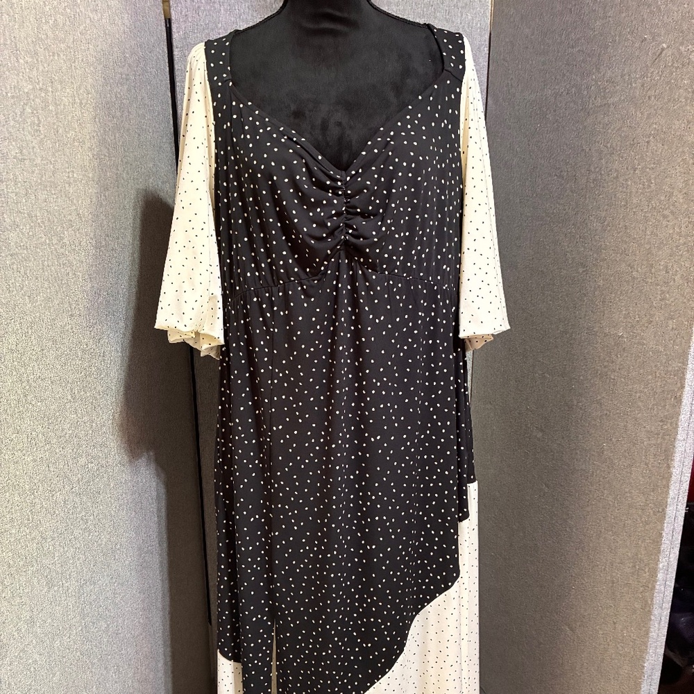 **Chic Two-Tone Polka Dot Layered Maxi Dress with Asymmetrical Overlay and Ruche